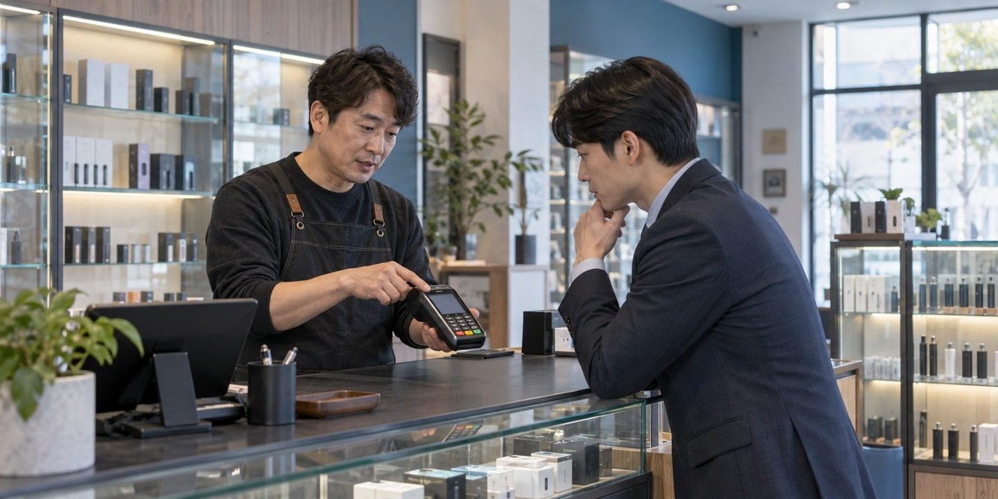 매장 카운터에서 단말기 이용을 설명하는 두 사람 — 신불자 PG 카드결제 몇 번 돌아섰어도, 신용불량 사장님 PG 카드결제, 여기서는 됩니다.