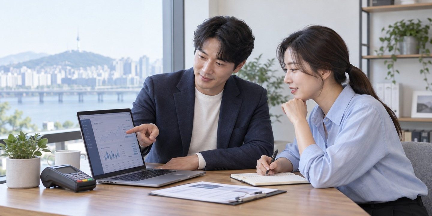 노트북 화면을 함께 확인하는 두 사람 — 신불자 PG 카드결제 본인 명의본인 명의, 사장님 이름으로 엽니다. 연락 주시면 정식 계약까지 함께 챙겨 드려요.