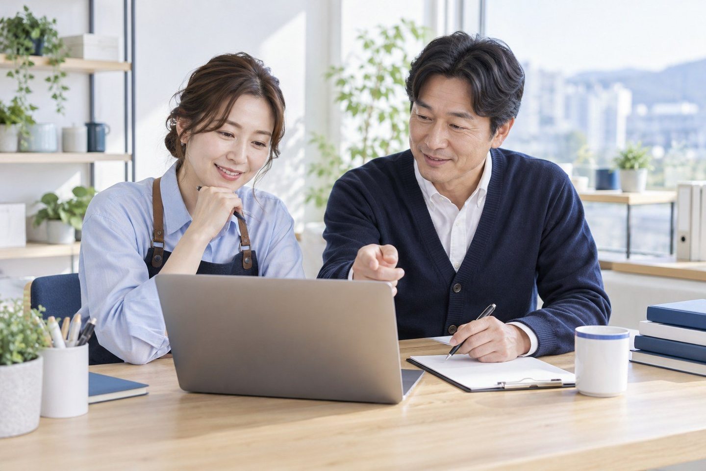 서류를 펼치고 조건을 함께 확인하는 두 사람 — 신불자 PG 카드결제 무료 개통무료 개통, 가입비부터 0원입니다. 연락 주시면 빠르면 당일 켜 드립니다.