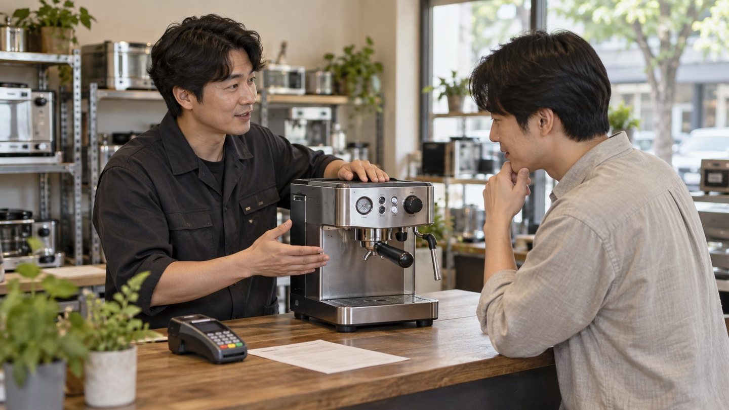 카운터에서 결제 방법을 설명하는 두 사람 — 신불자 PG 카드결제 들어오는 돈은 내 통장으로, 시작하는 돈은 0원으로.